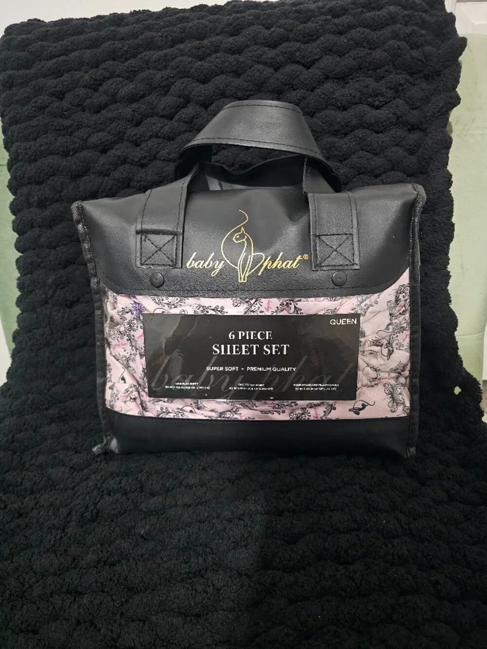 Baby Phat 6 Piece Queen Sheet Set Pink Black Logo Print NEW